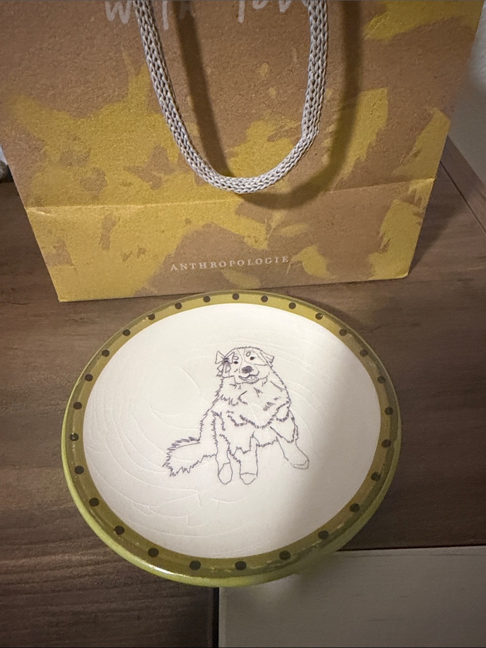 Anthropologie White Ceramic Dog Trinket Bowl with Olive Rim